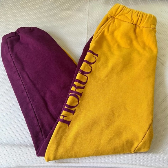 Fiorucci Purple & Golden Yellow Colorblock Cropped Sweatpants with Thigh Logo M - Picture 1 of 7